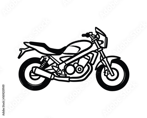 Black Outline Motorcycle, Modern Style, Front Fairing, Naked Bike, Isolated on White Background Vector Illustration