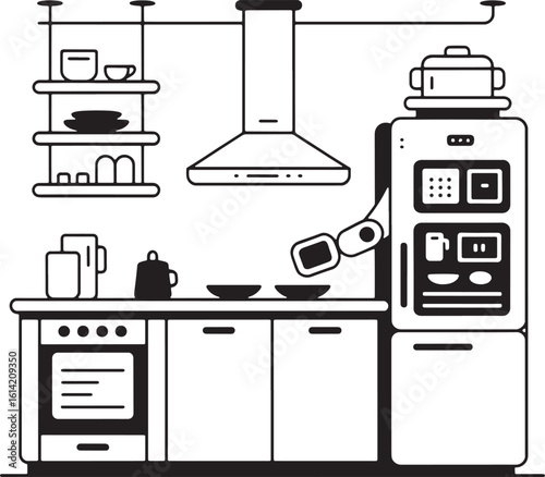 Kitchen scene with robotic arm and appliances robot arm refrigerator