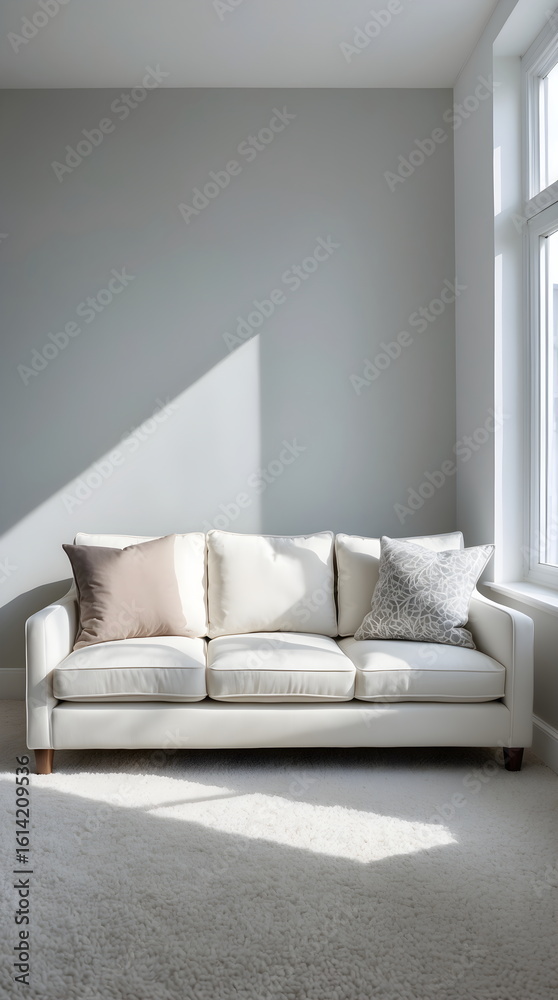 Fototapeta premium Minimalist living room interior with a white sofa and natural window light