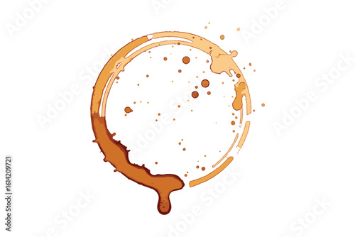 Coffee Stain Ring with Droplets and Splatters, Brown Ink Circular Trace Vector Illustration.
