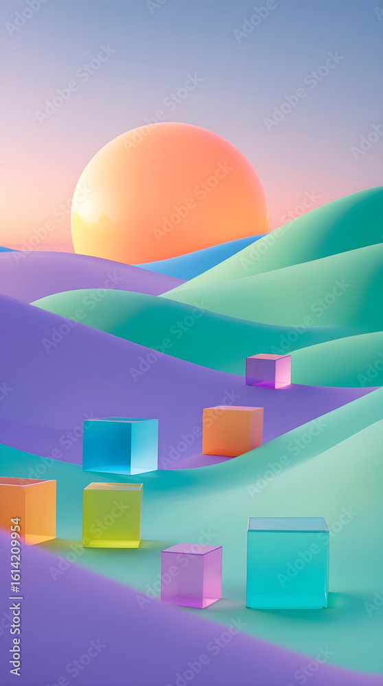 Fototapeta premium Surreal abstract 3D landscape with pastel hills and a glowing sun