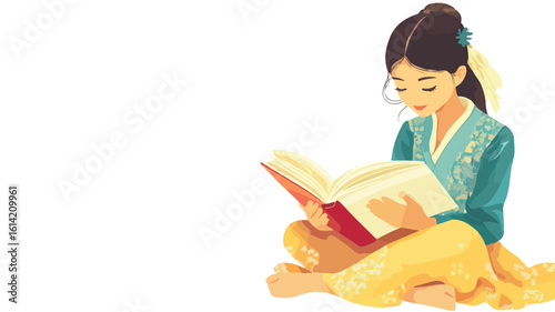 South Asian student reading in library