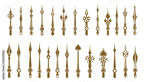Decorative Clock Hands Set, Gold Color, Time Arrows Collection Vector Illustration