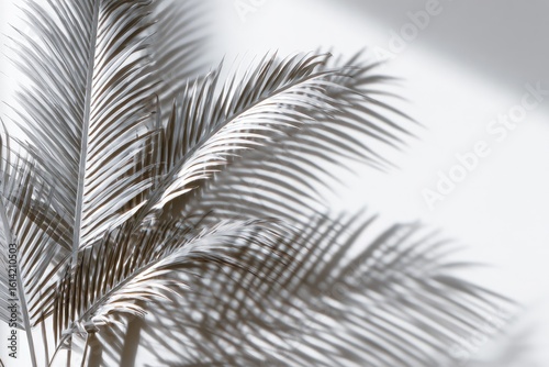 Palm leaves cast shadows on a white wall, minimalist home decor