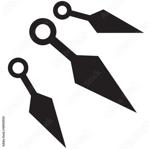 Three black kunai throwing knives isolated on a white background. Ninja weapon icon