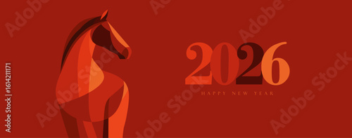 Stylized vector illustration for 2026 New Year with a geometric horse silhouette. Ideal for Chinese zodiac, equestrian themes, or festive designs with bold red and orange tones.


