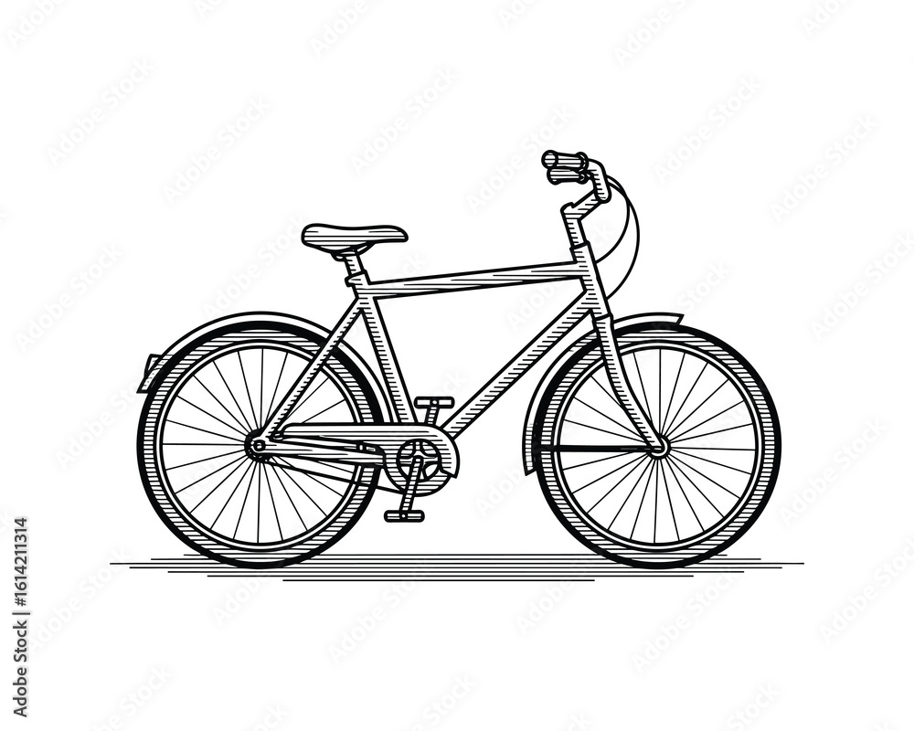 Fototapeta premium Engraved Style Bicycle Illustration, Black and White Line Art, Isolated on White Background Vector Illustration.