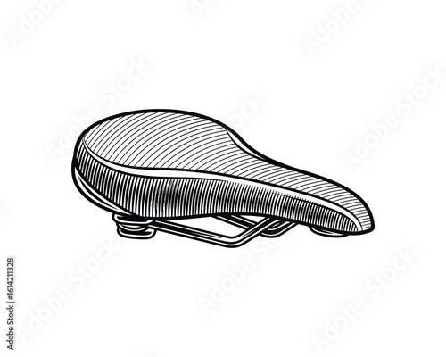 Engraved Style Black and White Bicycle Seat with Spring Vector Illustration
