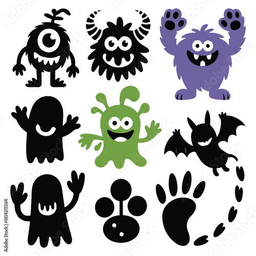 A collection of dinosaur silhouettes depicts a prehistoric era with various extinct reptiles and volcanic landscapes, isolated on white background