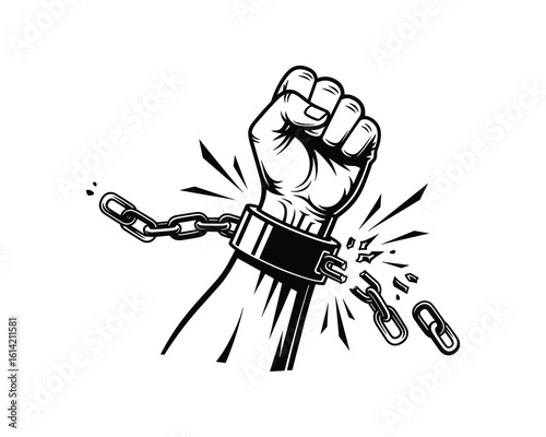 Fist Breaking Free From Chain Shackles, Symbol of Freedom, Power, and Liberation, Vector Illustration