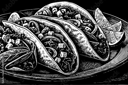 Mexican tacos with beef, salsa, avocado, tomato, lettuce, tortilla shell drawn as bold black and white line art illustration for street food, branding, cookbooks and restaurant visuals