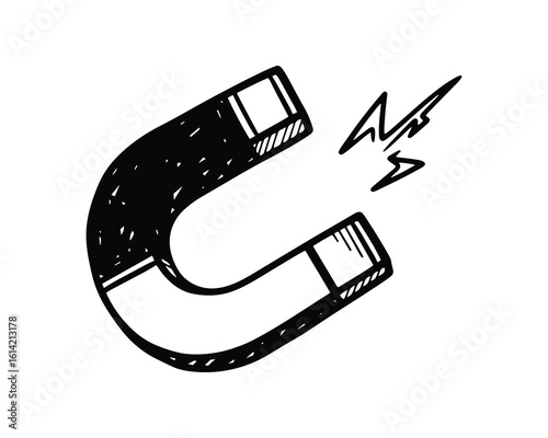 Horseshoe Magnet Attracting Force with Magnetic Field Lines, Black Sketch Style, Isolated Vector Illustration