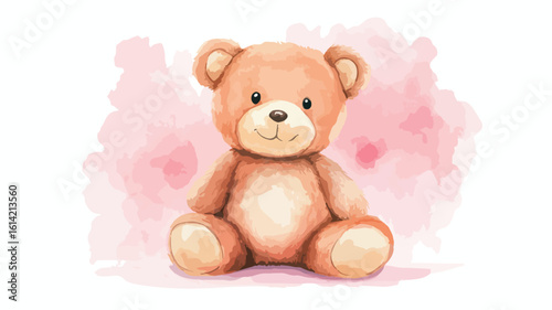Adorable Teddy Bear on Pink Watercolor Background