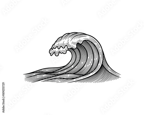 Monochrome Ocean Wave Graphic Design, Engraving Style, Aquatic Natural Element Vector Illustration.