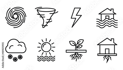 Natural Disaster Icons Set. Tornado, Lightning, Flood, Drought, Hurricane Vector Illustration.