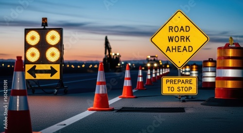 Traffic control setup featuring cones and signage ensuring safe passage through a repaired road segment.