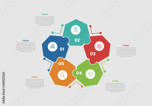 puzzle jigsaw shape base infographic diagram with cycle circular flow direction on center with 5 step for slide presentation
