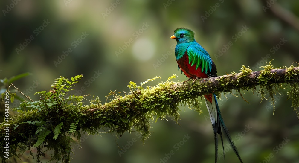 Fototapeta premium Resplendent Quetzal in Habitat: The Quetzal, a stunning bird with vibrant plumage and long tail feathers, perched gracefully on a moss-covered branch within a lush rainforest.