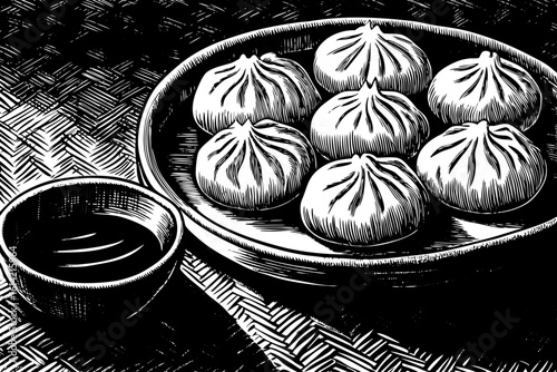Chinese dumplings with steam, soy sauce dish, bamboo basket drawn in elegant black and white line art illustration perfect for culinary posters, menus, and street food design