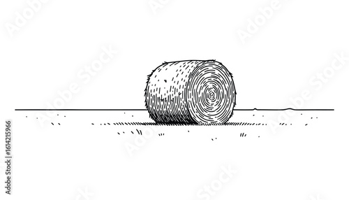 Round Hay Bale in Field, Rural Landscape, Agriculture Farming Sketch Style Vector Illustration