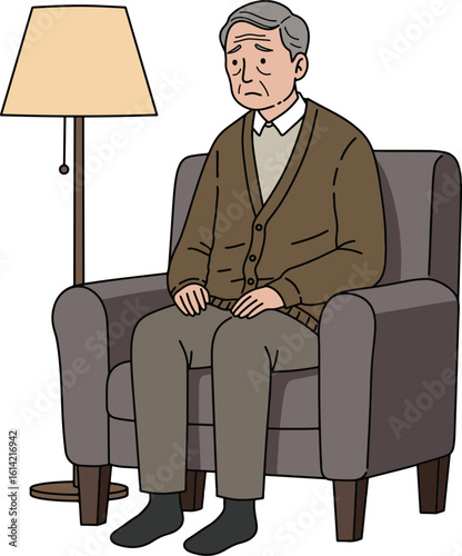 Elderly man sitting in armchair looking sad, beside a lamp