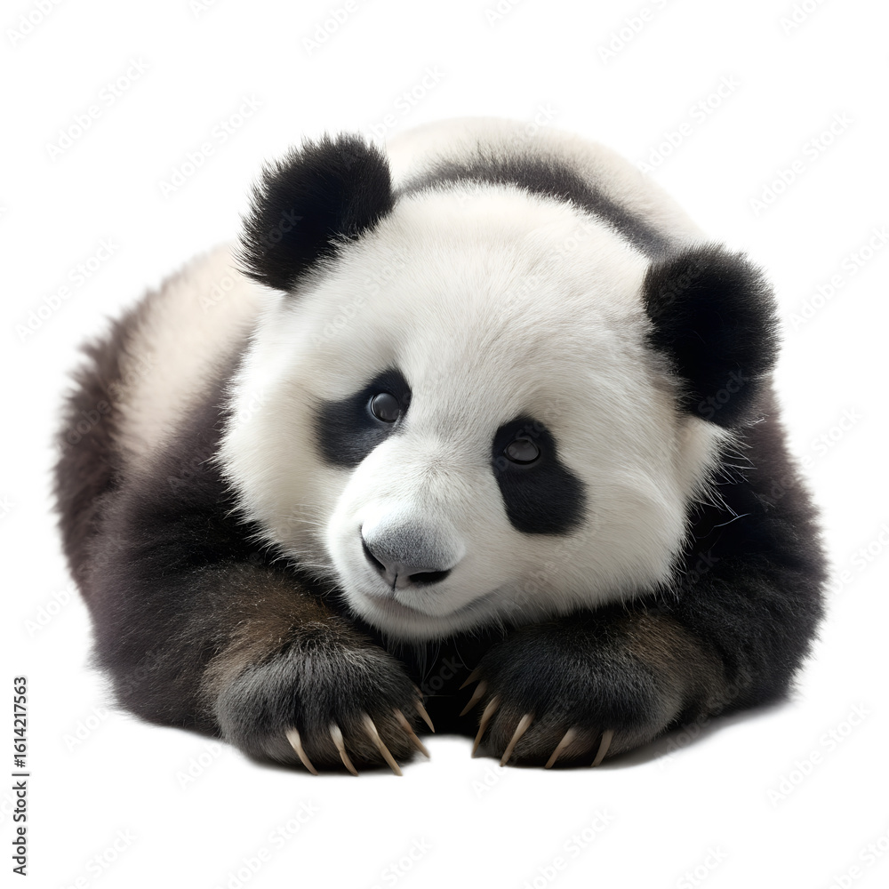 Naklejka premium A cute baby panda lying down isolated on a transparent background