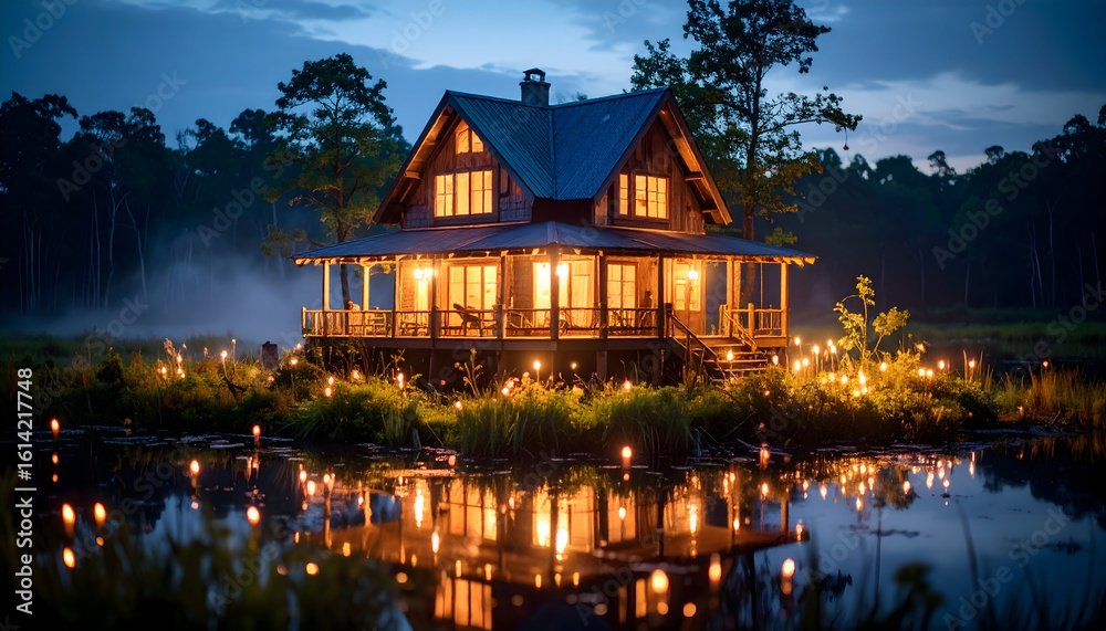 Fototapeta premium Rustic cabin pondside night
