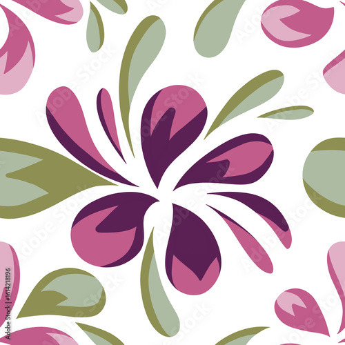 Digital seamless pattern with a paisley motif in shades of pink, purple and green, flat colors, on a transparent background