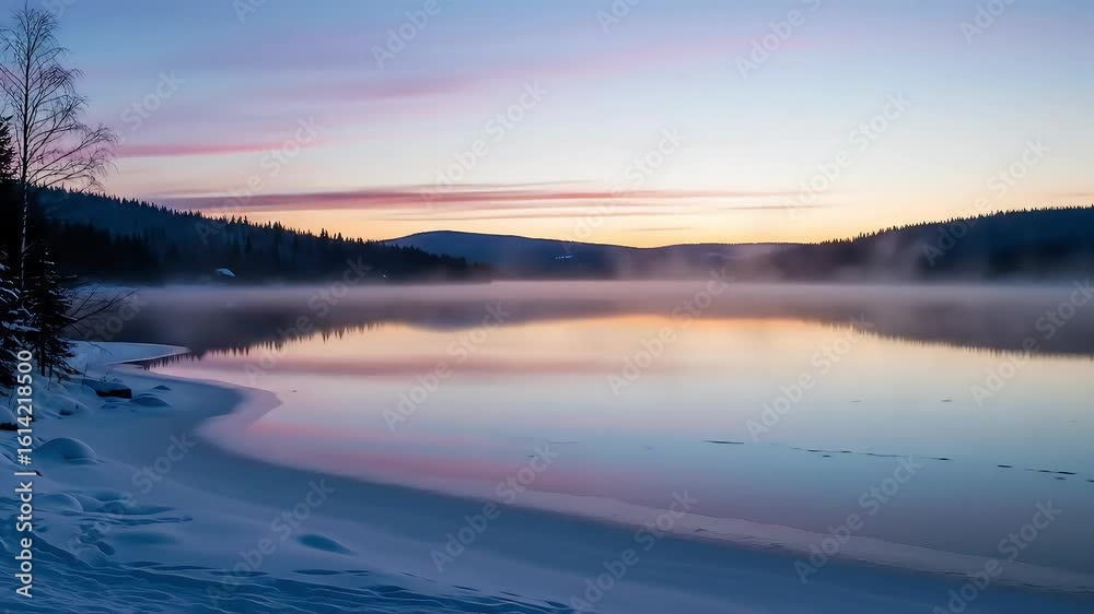 Frozen lake at dawn with colorful sky reflections Frozen lake at dawn with colorful sky reflections