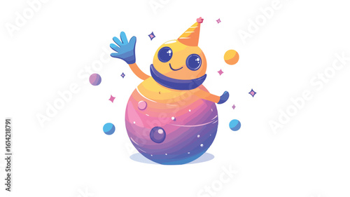 Friendly alien waving on mini planet