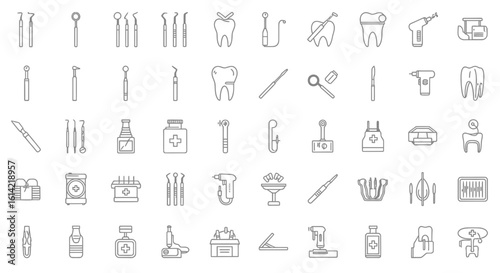 Dental instruments and tools icons set featuring various equipment for dentist and oral care treatment silhouette