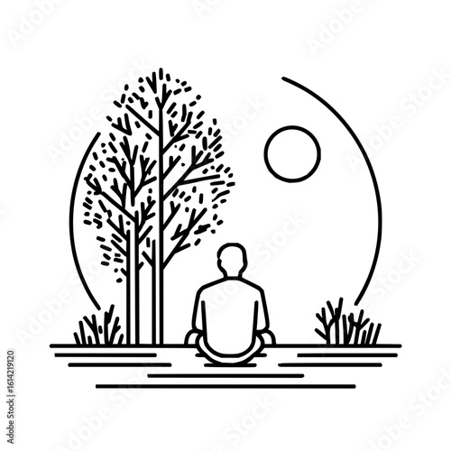 Person meditating under a tree with a sun in the background in a black and white line drawing style image