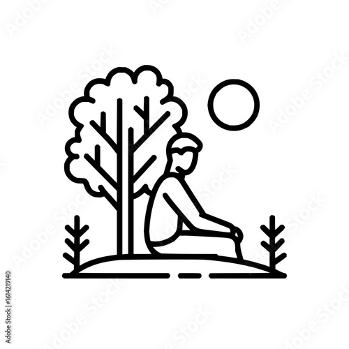 Person sitting under a tree in nature with the sun shining in the sky in a line art style image
