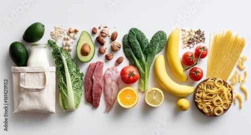Flatlay showcasing diverse healthy foods including fruits, vegetables, protein sources, grains, and dairy, arranged on a white background