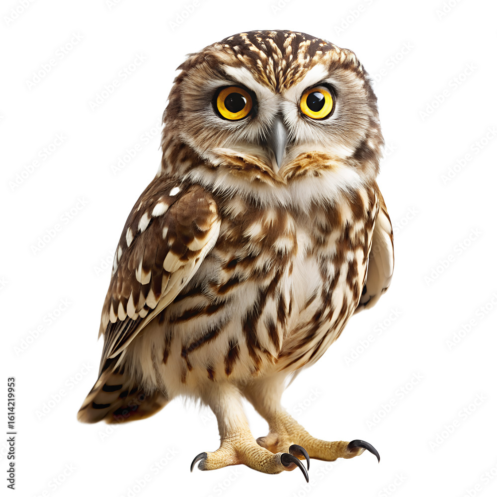 Naklejka premium A small owl with bright yellow eyes and detailed feathers stands on transparent background