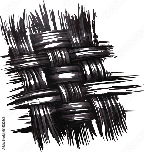 Artistic vector illustration of a woven fabric with black and white brush stroke details