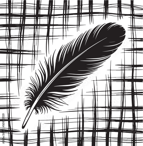 Elegant black and white feather illustration with hand drawn gridded pattern background