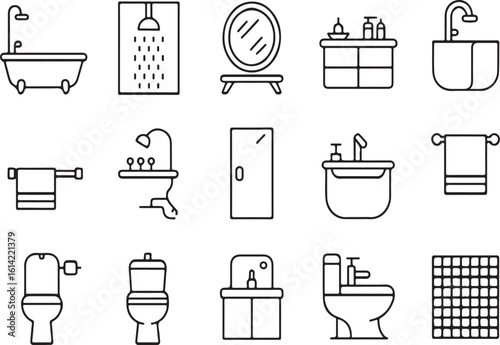 Minimalist black and white bathroom icons representing various sanitary fixtures and accessories