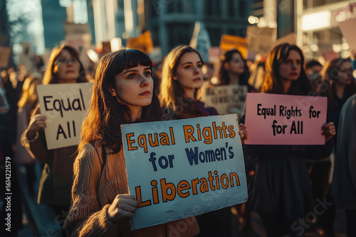 A peaceful 1960s protest for women's rights, women holding signs that say 