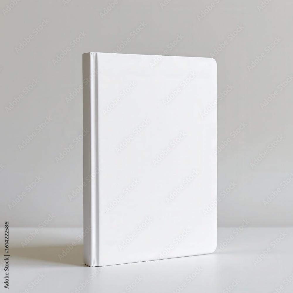 Clean White Book Cover Standing on a Minimalist Table Background with Soft Shadows and Neutral Tones Clean White Book Cover Standing on a Minimalist Table Background with Soft Shadows and Neutral Tones