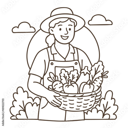 Farmer holds basket of fresh vegetables, smiling happily.line art illustration