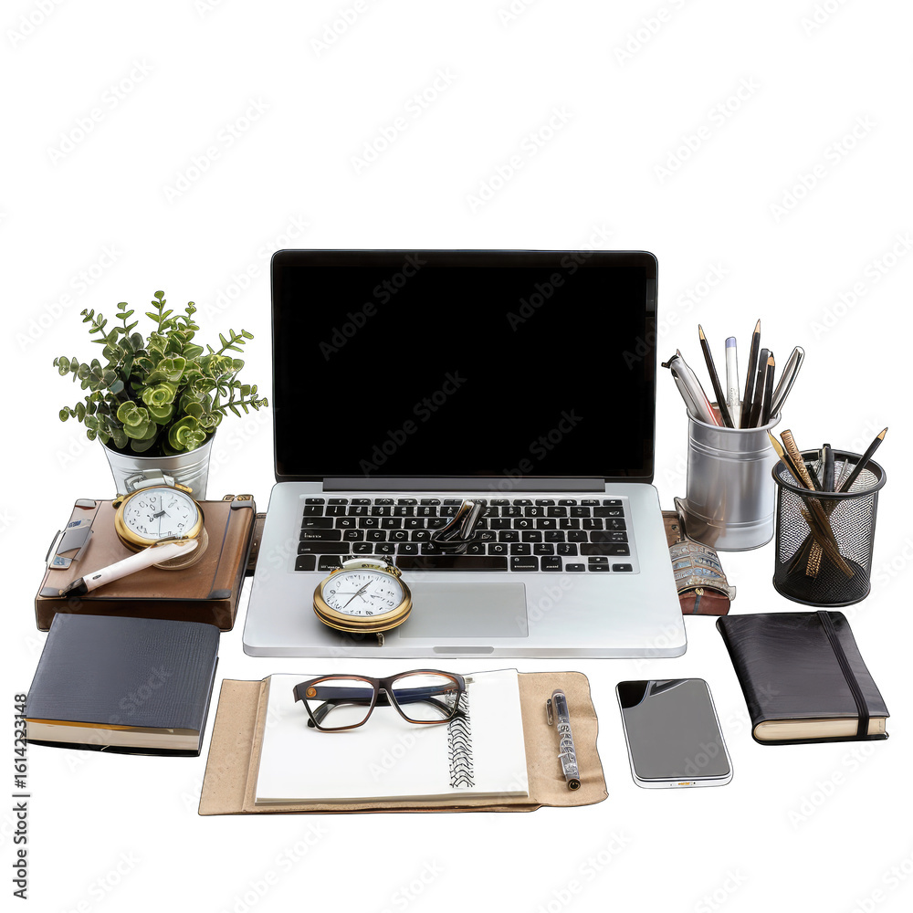 Fototapeta premium Laptop surrounded by office supplies on a desk