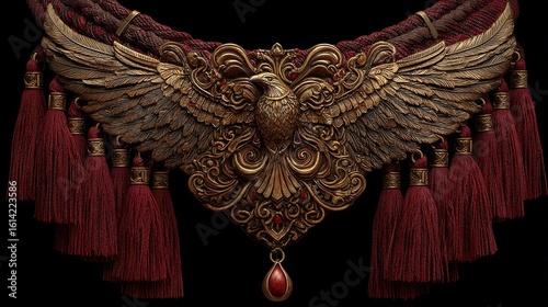 Ancient Egyptian winged necklace with tassels, bronze material, fantasy digital art, dramatic lighting on black background

