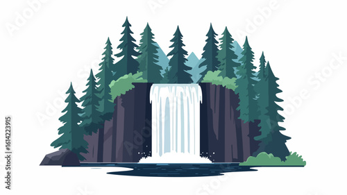 Tranquil waterfall in forest center view