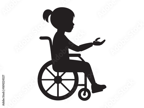 Black silhouette of disabled girl in wheelchair isolated on white background, graphic illustration. Concept of child disability, mobility aid, healthcare support, inclusive design element