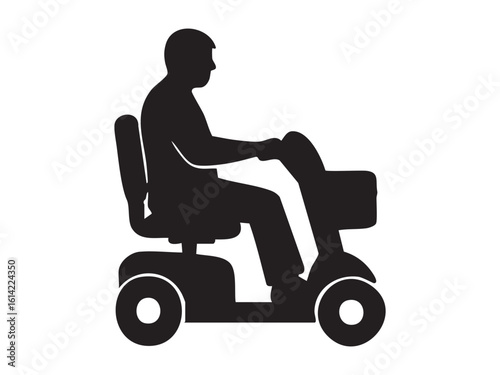 Black silhouette of disabled man driving mobility scooter isolated on white background, graphic illustration. Concept of personal transport, disability aid, independence, accessibility, support
