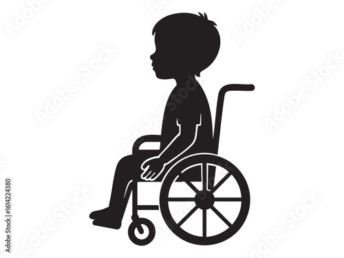 Black silhouette of child using a wheelchair, isolated on white background, graphic illustration. concept of disability awareness, accessibility, inclusion, diversity, support.