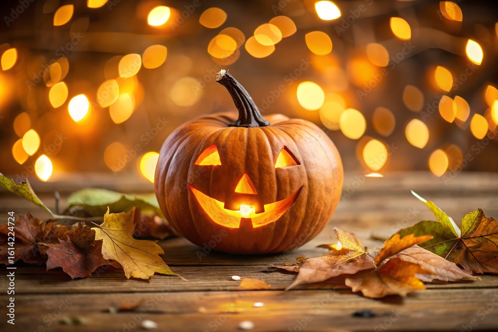 Fototapeta premium A single carved jackolantern glows warmly on a wooden table amidst fallen autumn leaves and soft bokeh lights