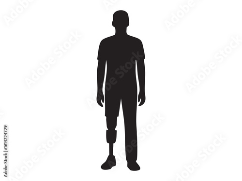 Black silhouette of a person with prosthetic leg, isolated on white background, graphic illustration. concept of disability awareness, prosthetics, human figure, inclusivity, logo