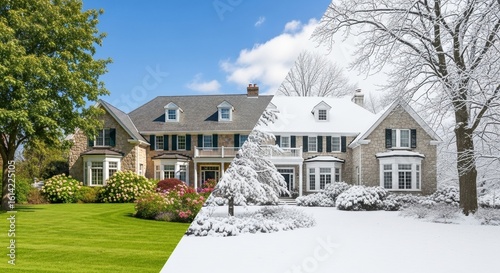 Seasonal Home Transformation: Elegant House Changes from Lush Summer Landscape to Snowy Winter Wonderland

